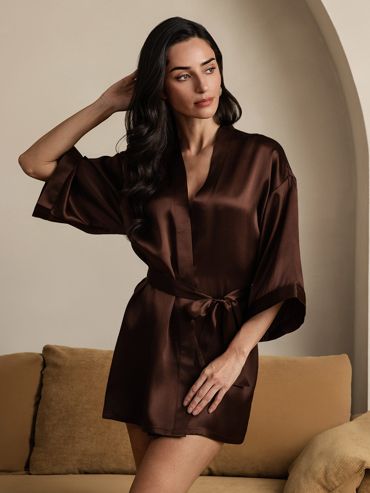 Kimono Peignoir En Soie Pure Brillante Pour Femme