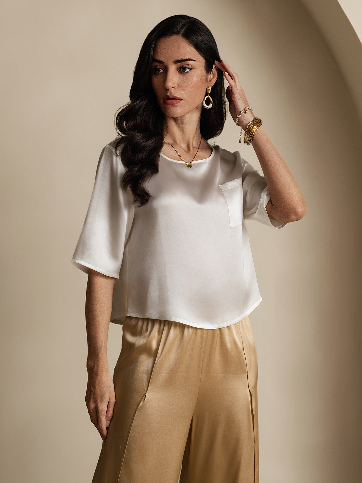 Femme T-Shirt Pure Soie Occasionnel Manches mi-longues Femme T-Shirt Pure Soie Occasionnel Manches mi-longues