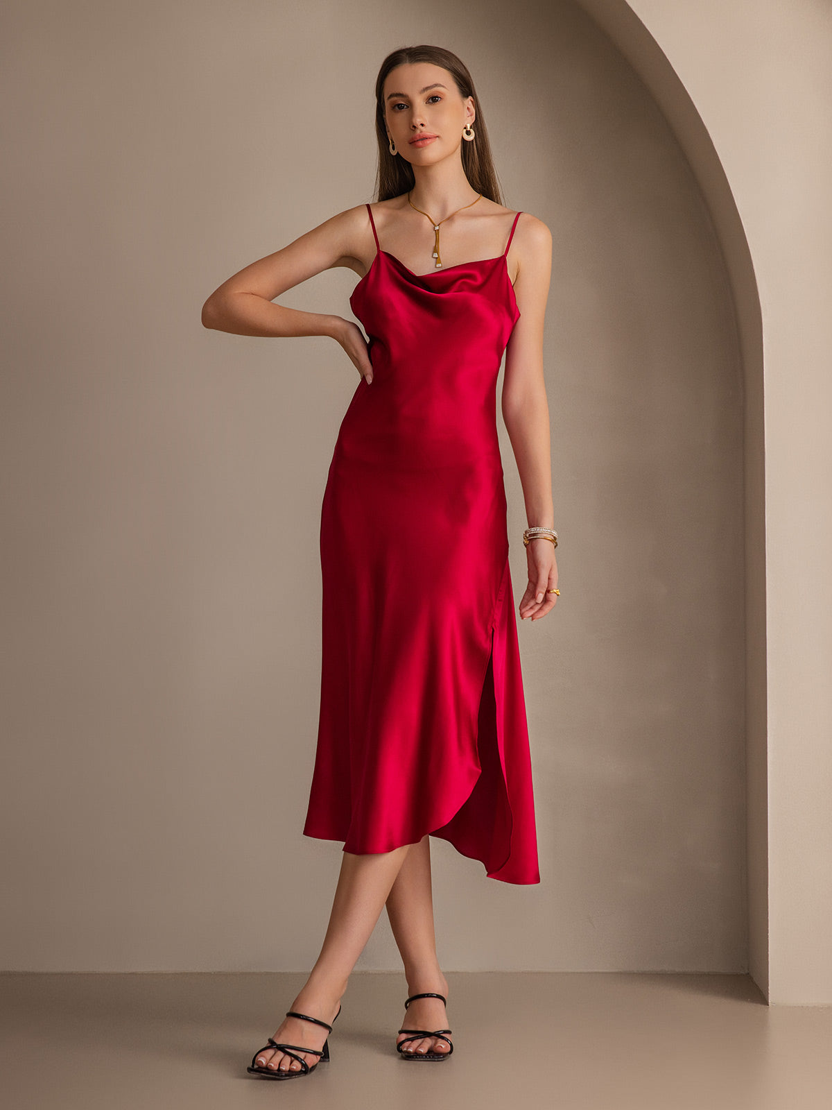 Pure Soie Bretelles Spaghetti Fente Longue Robe Pure Soie Bretelles Spaghetti Fente Longue Robe