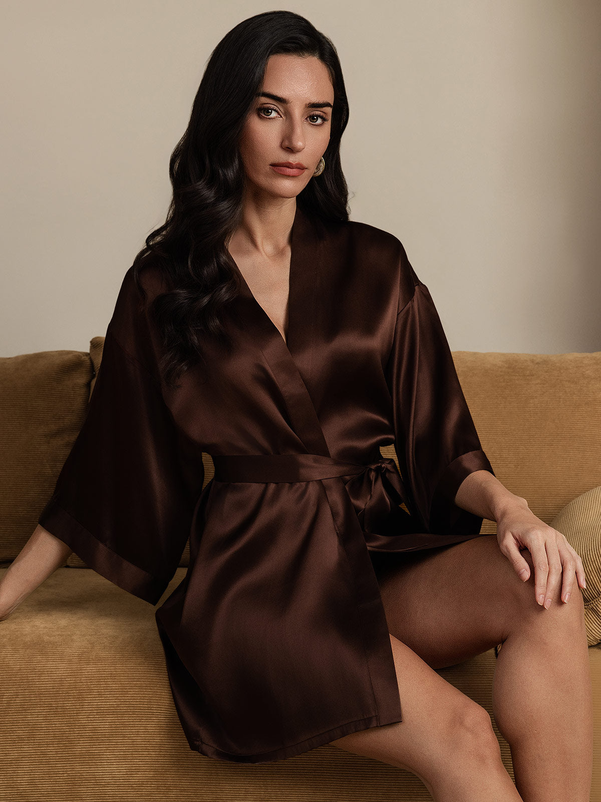 Kimono Peignoir En Soie Pure Brillante Pour Femme