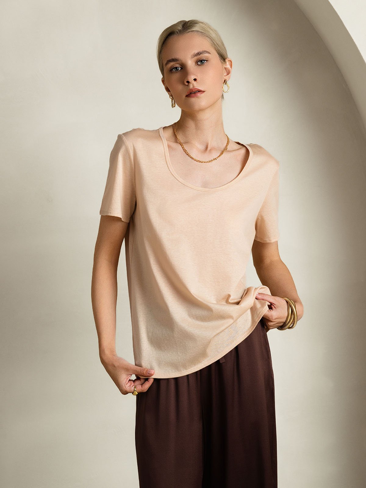 Mélange De Soie T-shirt Femme Col U Mélange De Soie T-shirt Femme Col U