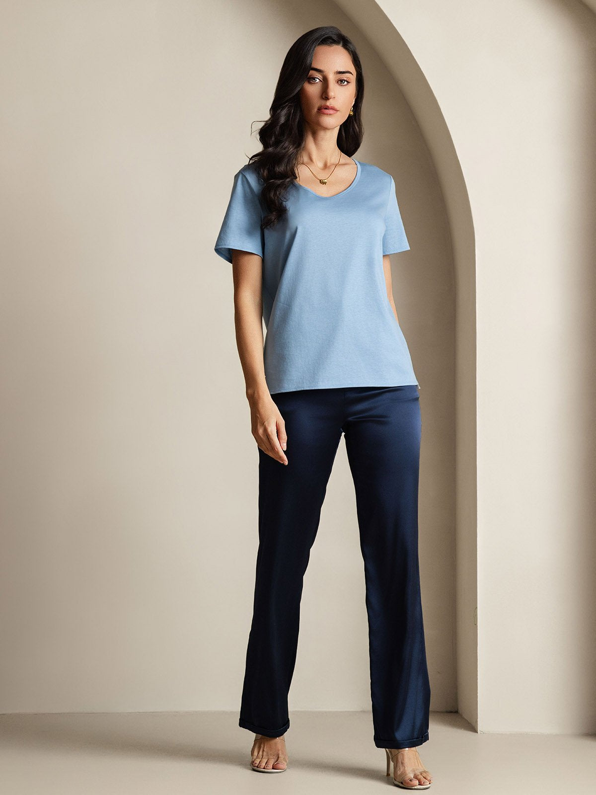 Mélange De Soie T-shirt Femme Col V Mélange De Soie T-shirt Femme Col V