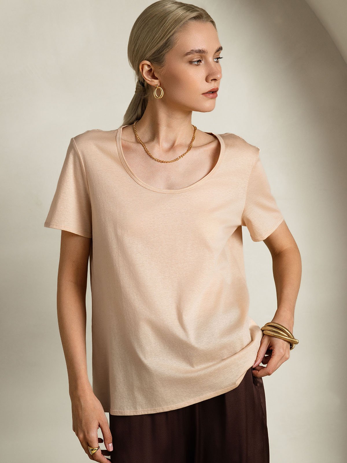 Mélange De Soie T-shirt Femme Col U Mélange De Soie T-shirt Femme Col U