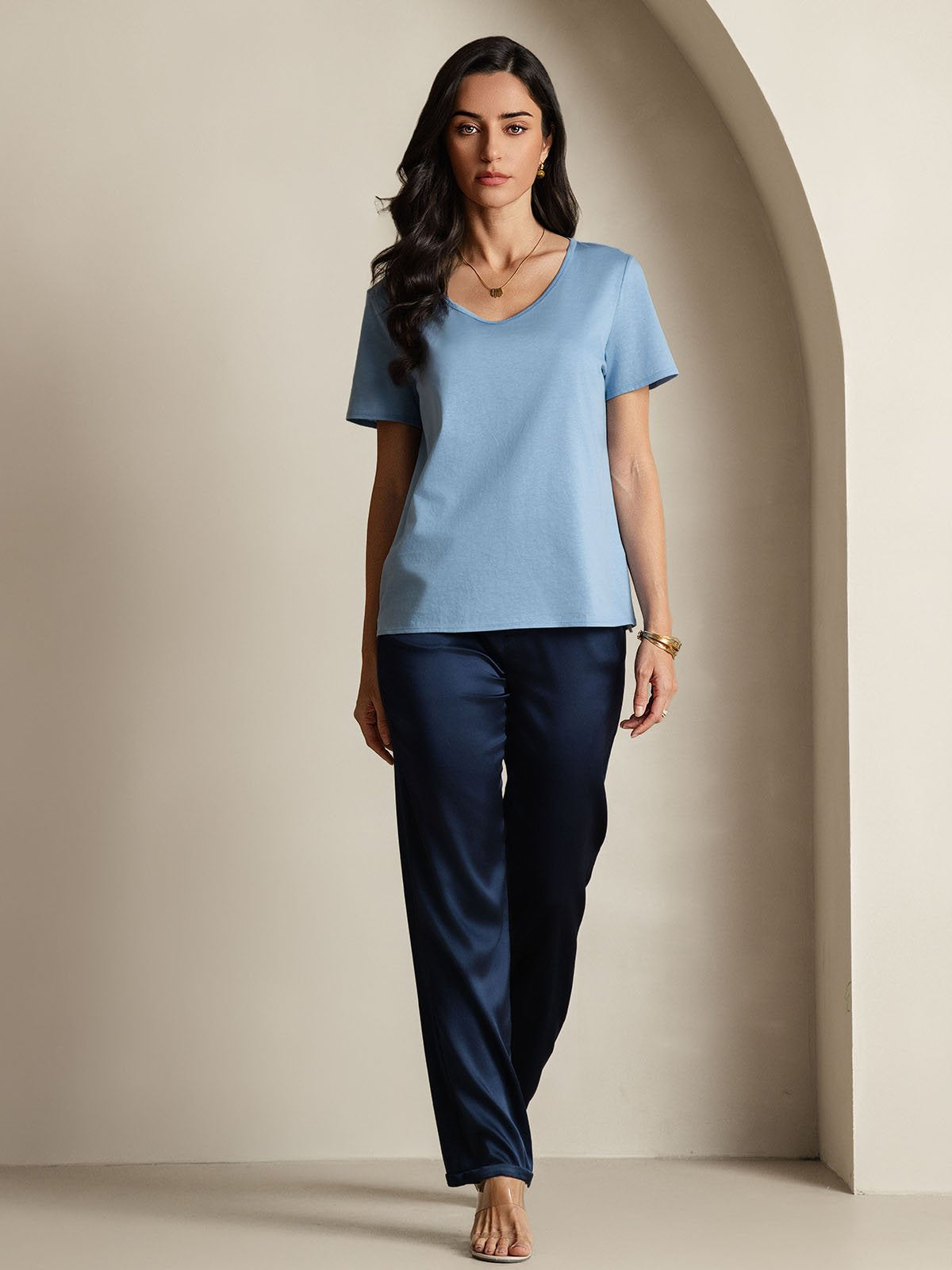Mélange De Soie T-shirt Femme Col V Mélange De Soie T-shirt Femme Col V