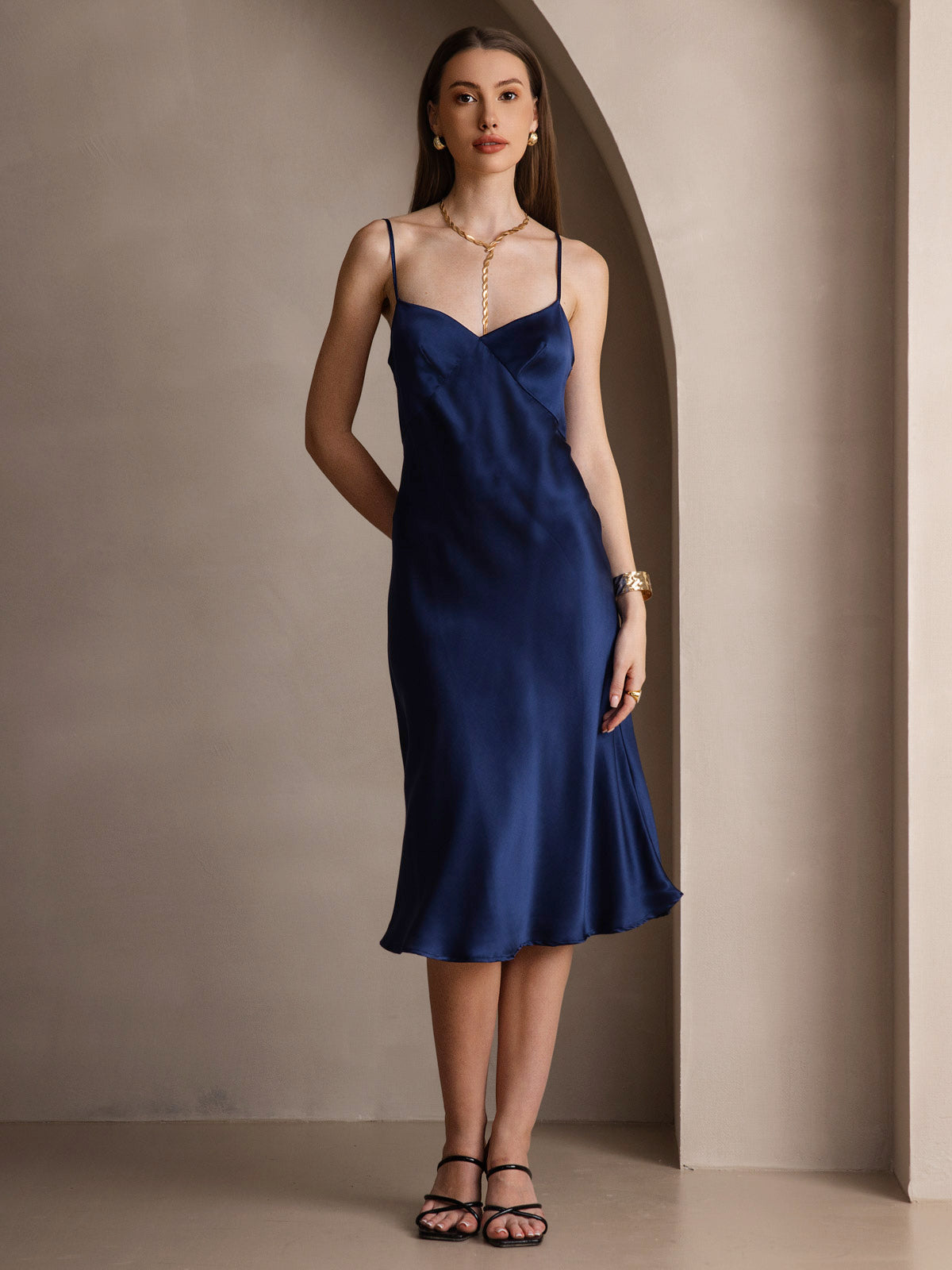 Pure Soie Col V Profond Sans Dos Longue Glisser Robe Pure Soie Col V Profond Sans Dos Longue Glisser Robe