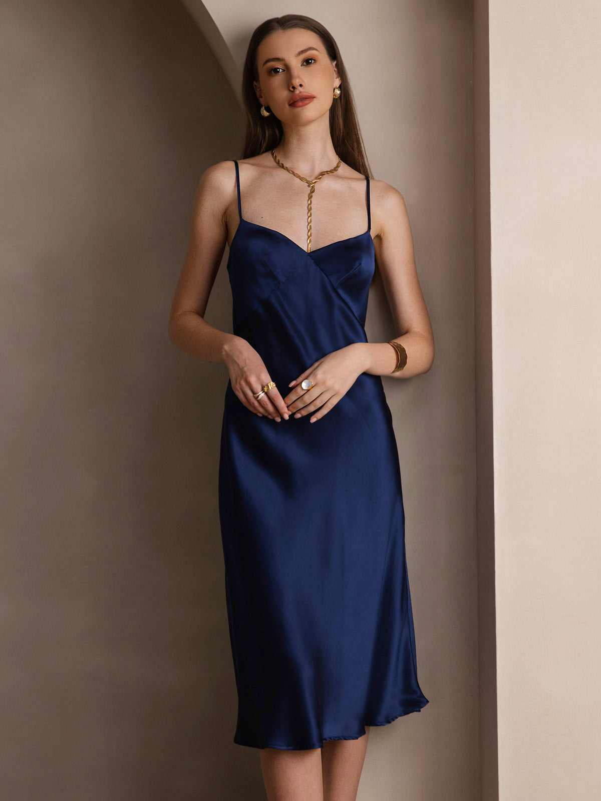 Pure Soie Col V Profond Sans Dos Longue Glisser Robe Pure Soie Col V Profond Sans Dos Longue Glisser Robe
