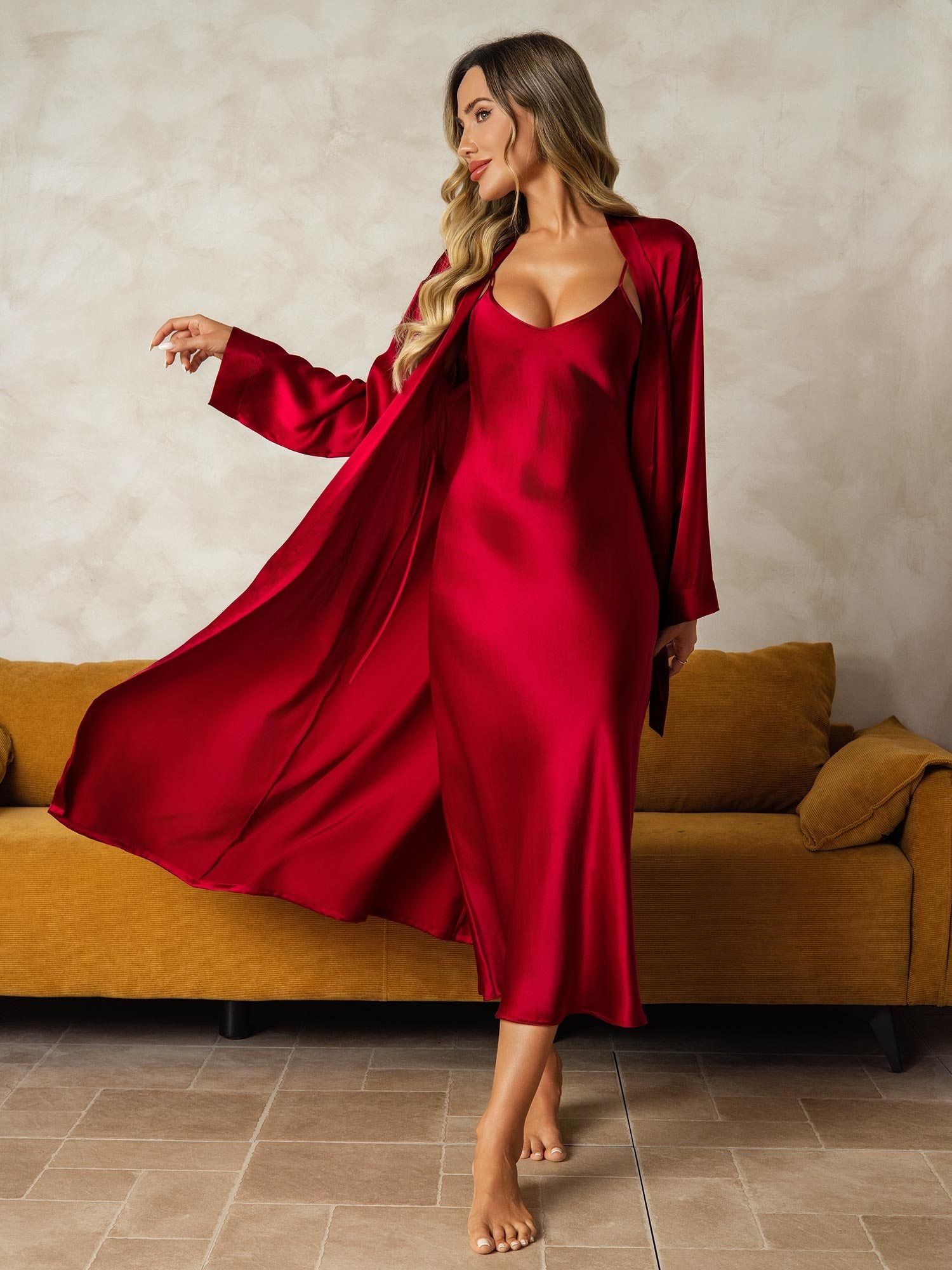 Soie Pure Col en V Longueur Midi Chemises de Nuit & Peignoir, Ensemble 2 Pièces