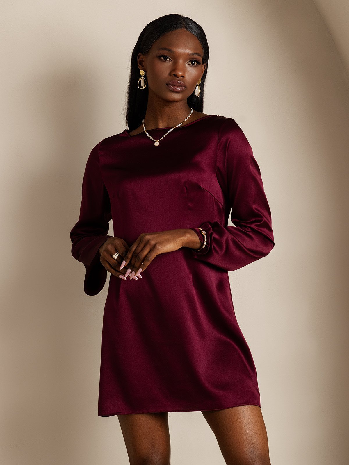 19Momme Robe Élégante à Manches Longues en Soie 19Momme Robe Élégante à Manches Longues en Soie