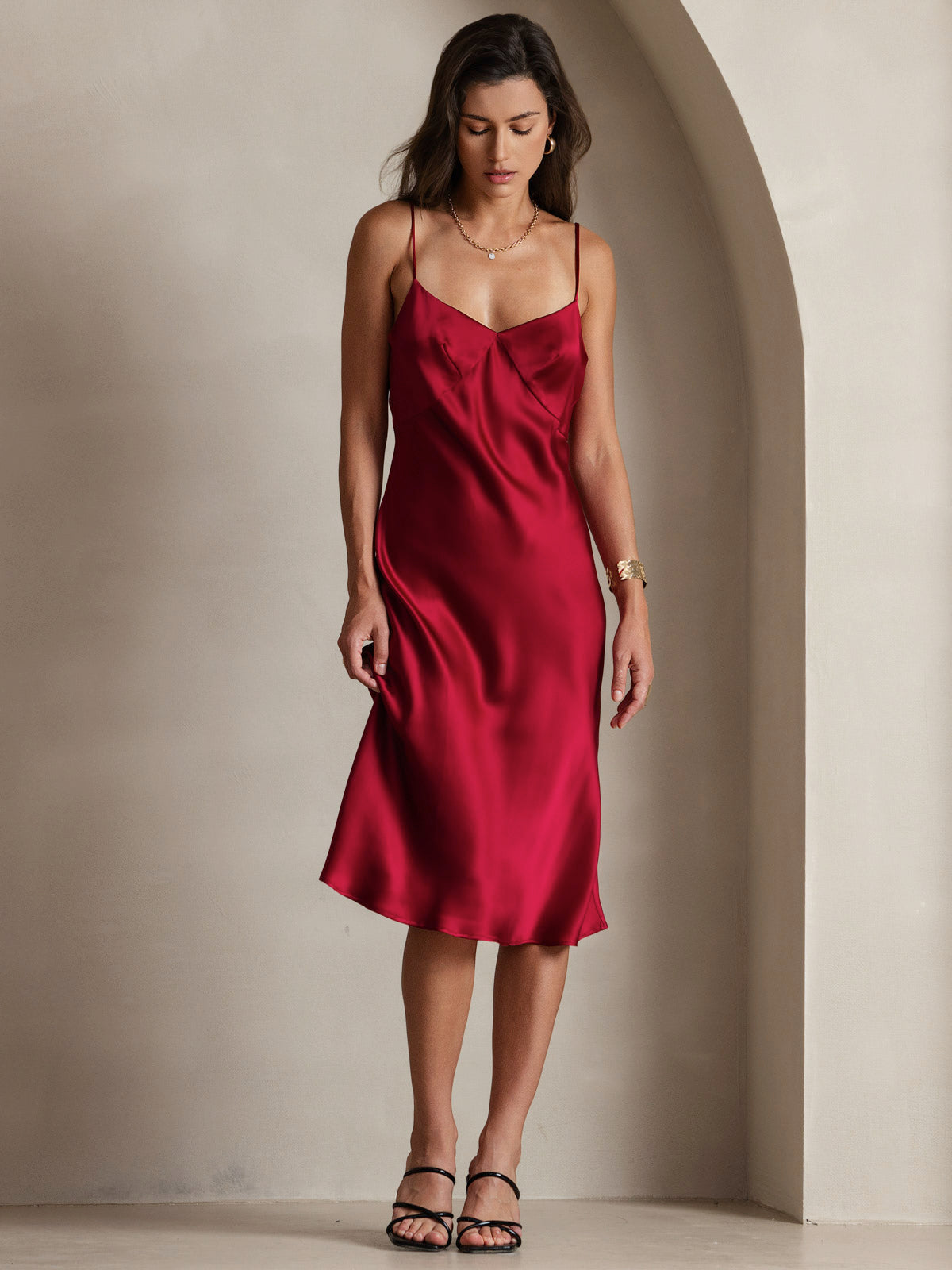 Pure Soie Col V Profond Sans Dos Longue Glisser Robe Pure Soie Col V Profond Sans Dos Longue Glisser Robe