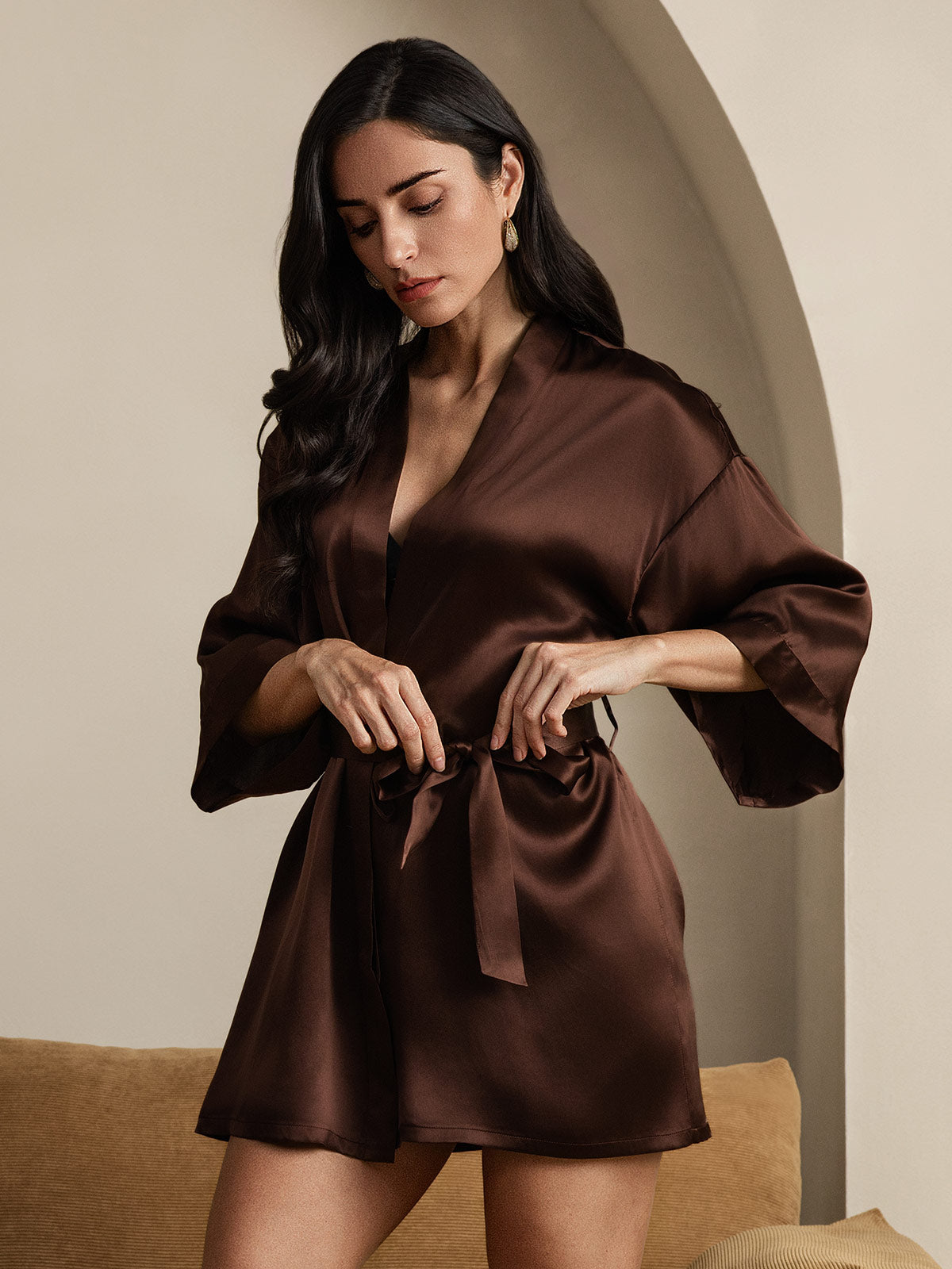 Kimono Peignoir En Soie Pure Brillante Pour Femme