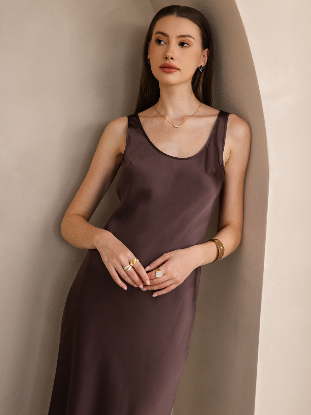 Pure Soie Sangle Larges Sans Manches Longue Robe Pure Soie Sangle Larges Sans Manches Longue Robe