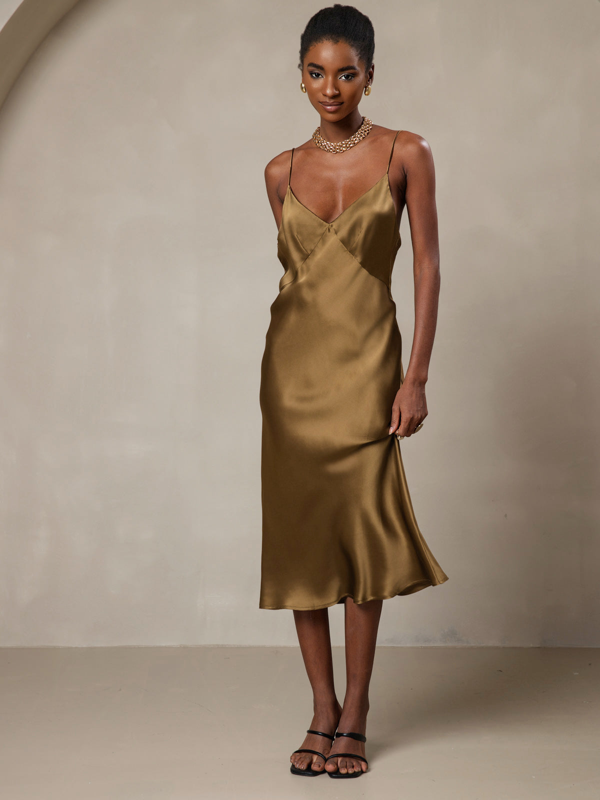 Pure Soie Col V Profond Sans Dos Longue Glisser Robe Pure Soie Col V Profond Sans Dos Longue Glisser Robe