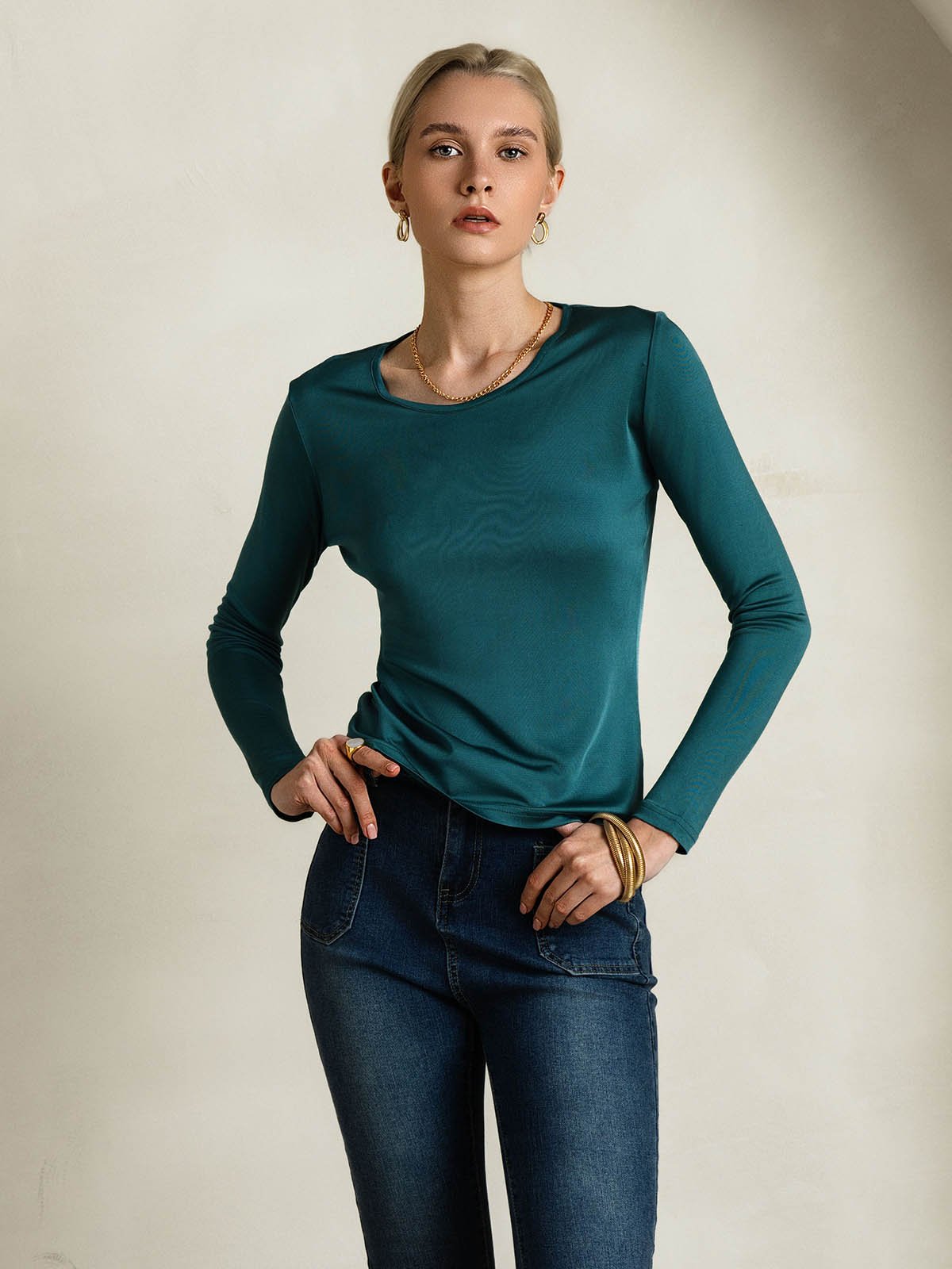 Mélange De Soie Col Rond Manches Longues T-Shirt Mélange De Soie Col Rond Manches Longues T-Shirt
