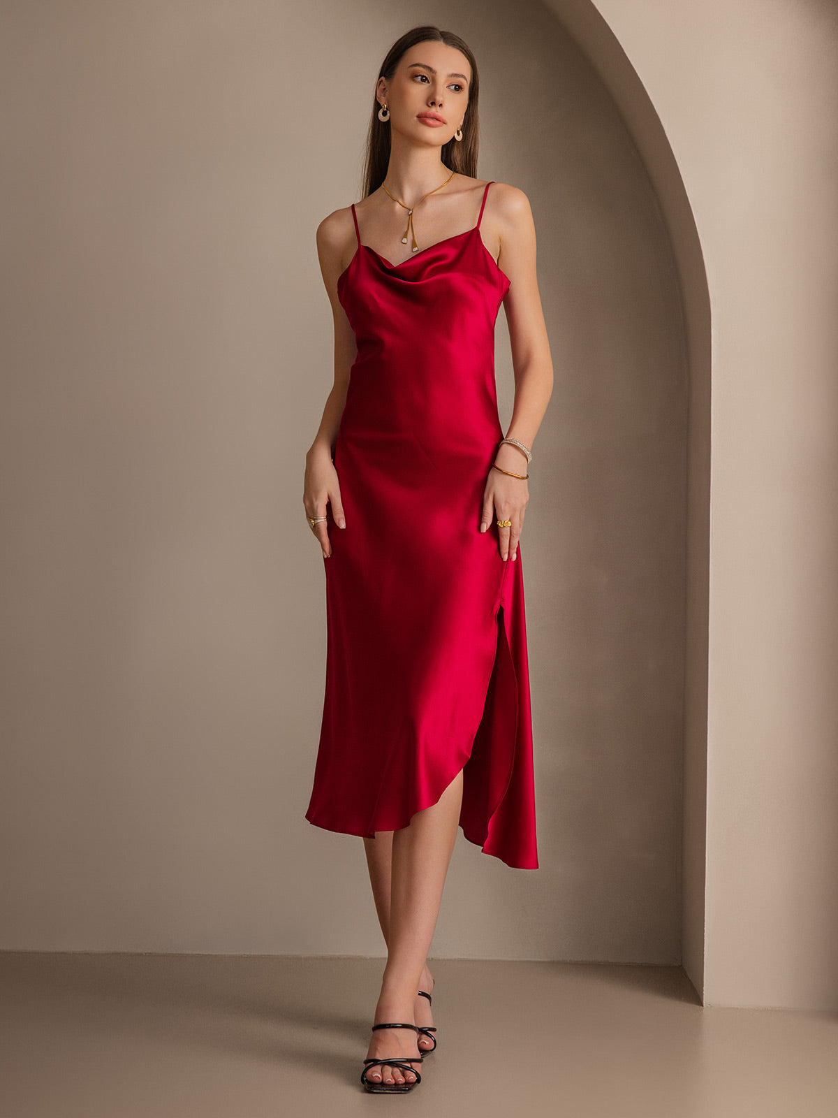 Pure Soie Bretelles Spaghetti Fente Longue Robe Pure Soie Bretelles Spaghetti Fente Longue Robe