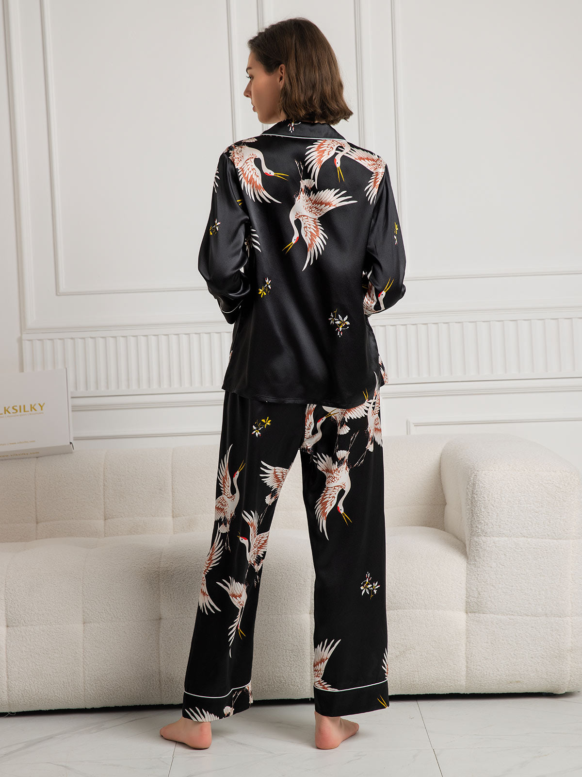 19Momme Ensemble Pyjama Long en Soie avec Imprimé Crane pour Femme 19Momme Ensemble Pyjama Long en Soie avec Imprimé Crane pour Femme