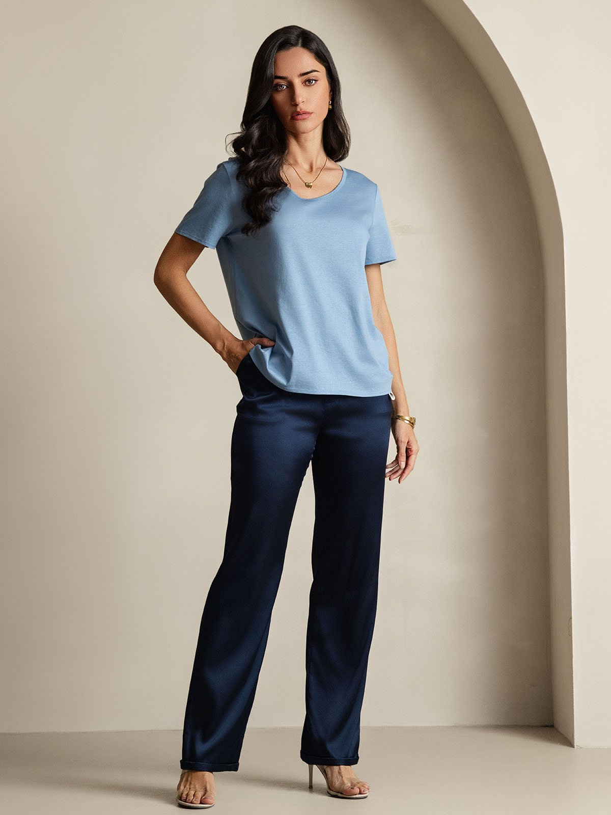 Mélange De Soie T-shirt Femme Col V Mélange De Soie T-shirt Femme Col V
