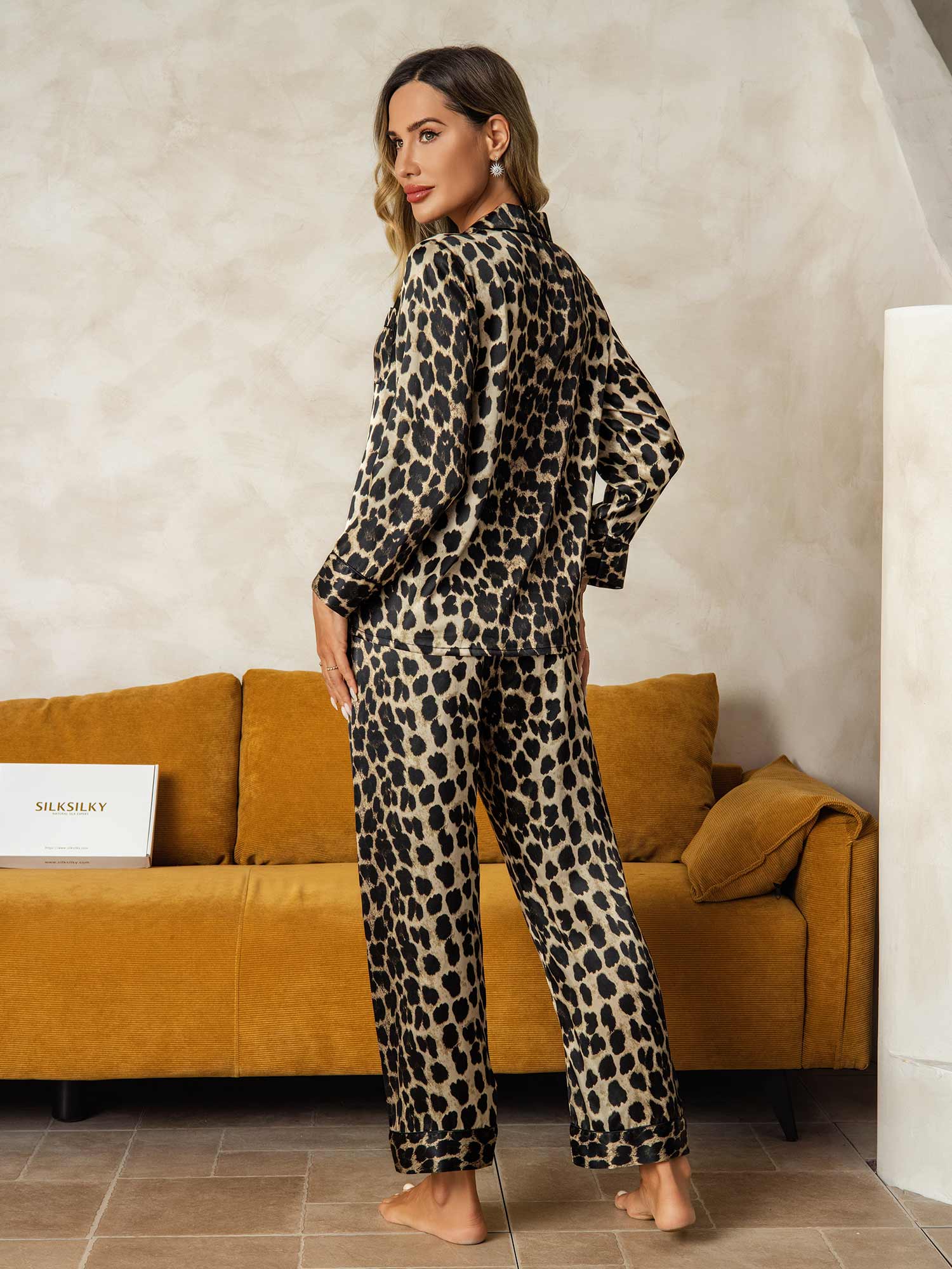 Pure Soie Léopard Imprimé Longues Manches Pantalon Pyjama Pure Soie Léopard Imprimé Longues Manches Pantalon Pyjama