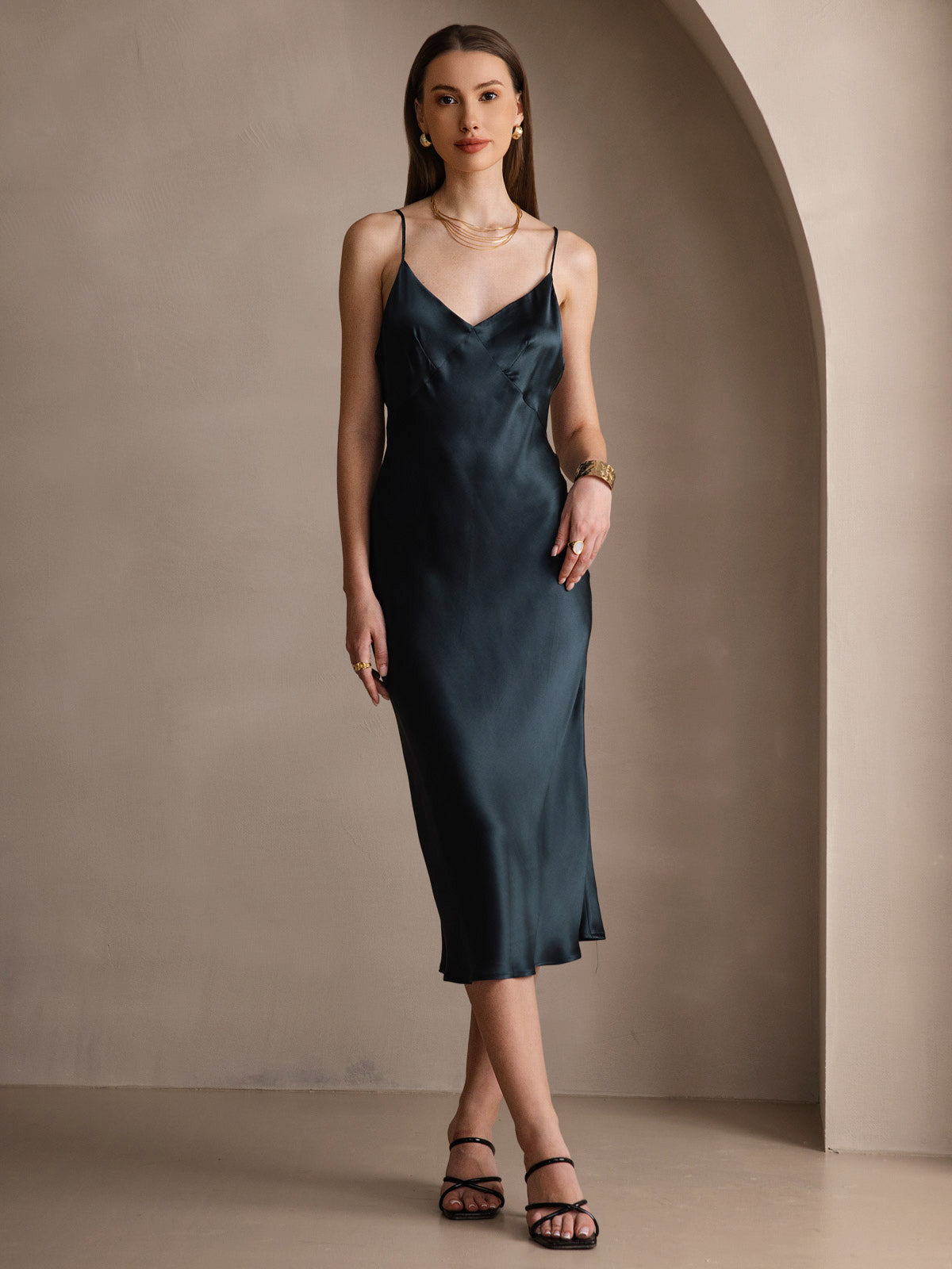 Pure Soie Col V Profond Sans Dos Longue Glisser Robe Pure Soie Col V Profond Sans Dos Longue Glisser Robe