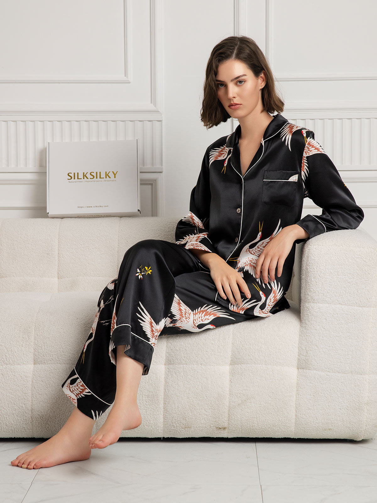 19Momme Ensemble Pyjama Long en Soie avec Imprimé Crane pour Femme 19Momme Ensemble Pyjama Long en Soie avec Imprimé Crane pour Femme