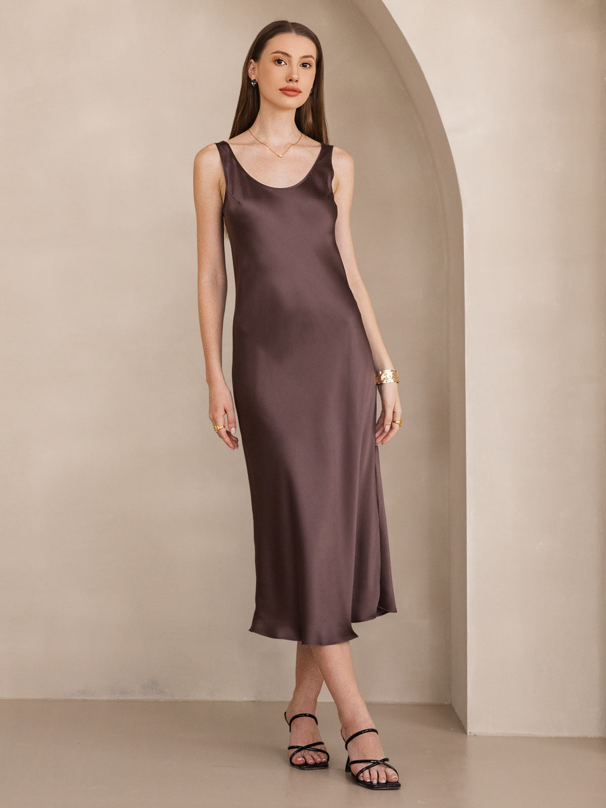 Pure Soie Sangle Larges Sans Manches Longue Robe Pure Soie Sangle Larges Sans Manches Longue Robe