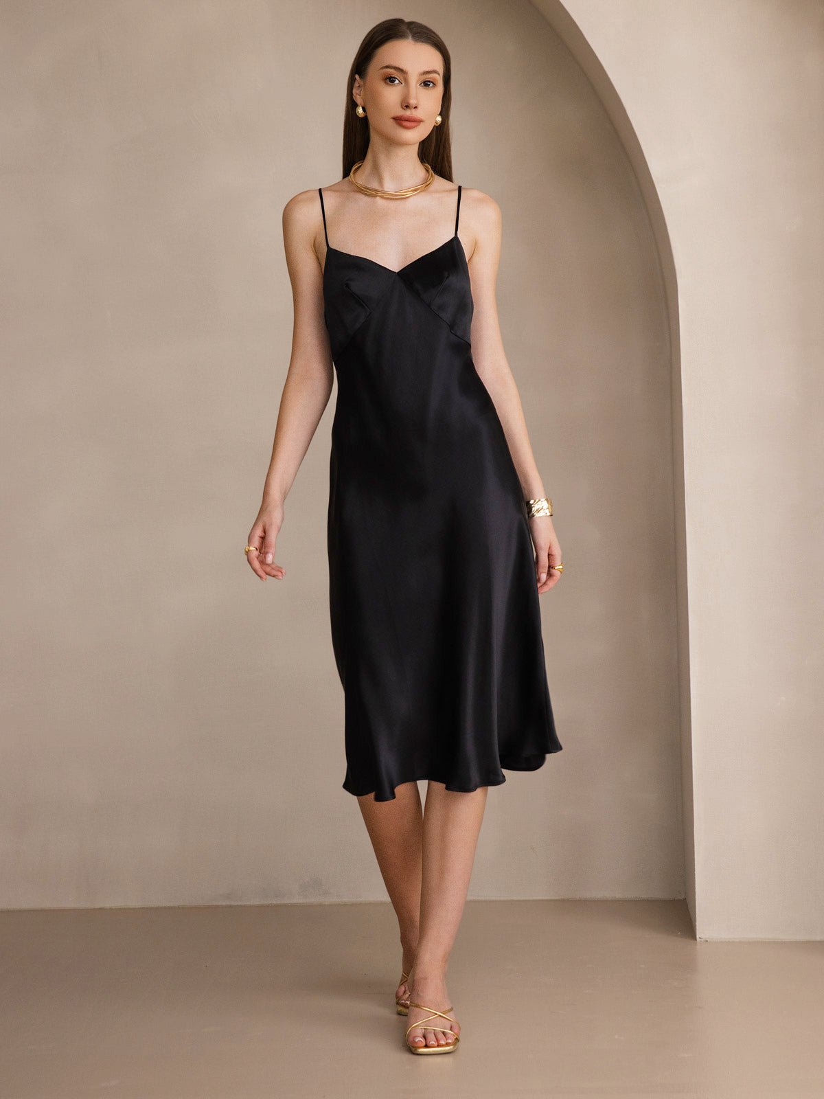 Pure Soie Col V Profond Sans Dos Longue Glisser Robe Pure Soie Col V Profond Sans Dos Longue Glisser Robe
