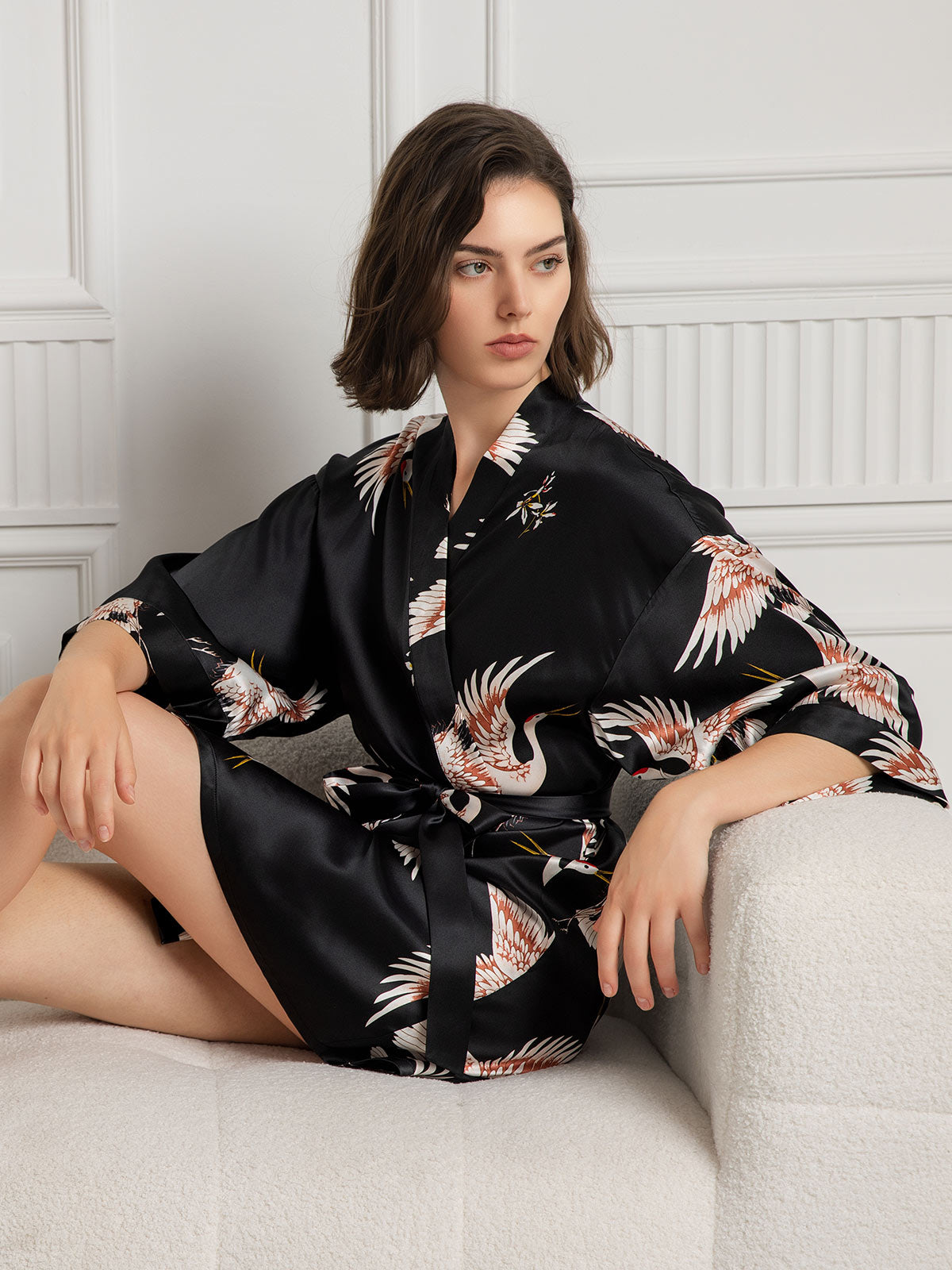 19Momme Kimono Peignoir Court en Soie avec Imprimé Crane pour Femme 19Momme Kimono Peignoir Court en Soie avec Imprimé Crane pour Femme