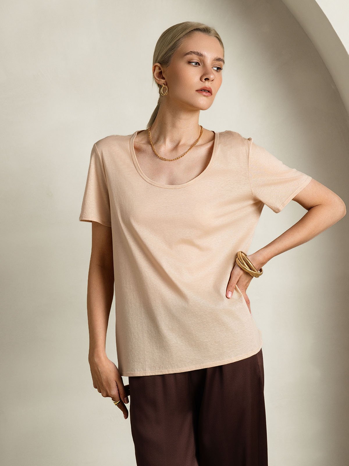 Mélange De Soie T-shirt Femme Col U Mélange De Soie T-shirt Femme Col U