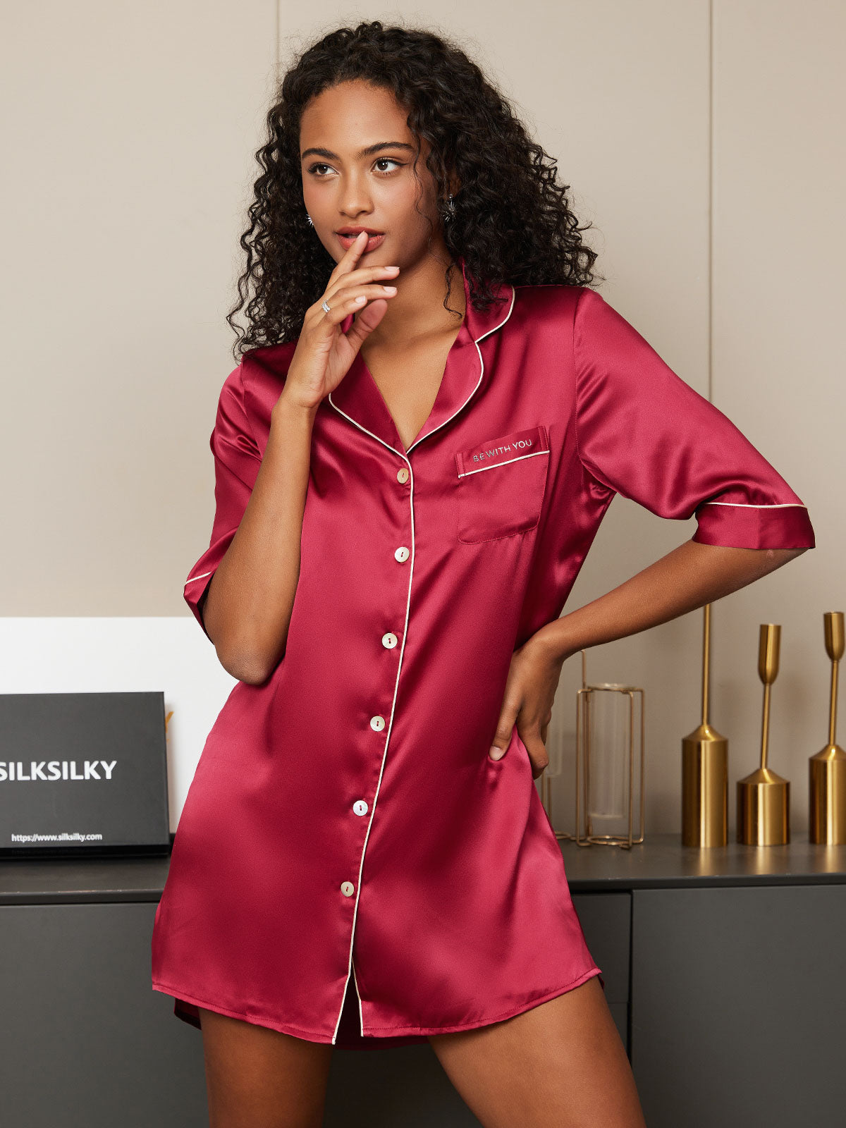 Pure Soie Manche Mi-longue Nuit-Chemise
