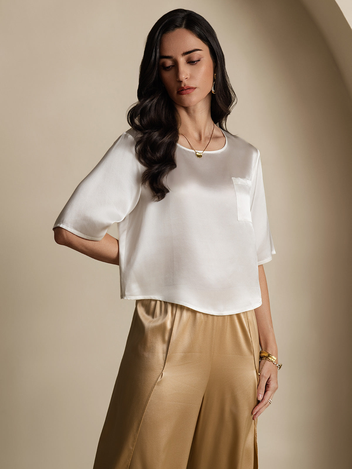 Femme T-Shirt Pure Soie Occasionnel Manches mi-longues Femme T-Shirt Pure Soie Occasionnel Manches mi-longues