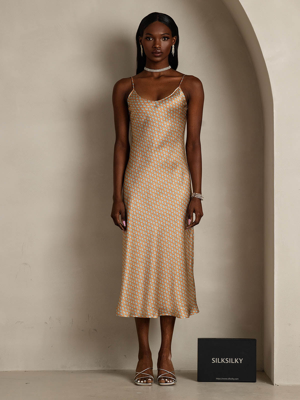 Pure Soie Spaghetti Bretelles Profond V Décolleté Maxi Robe