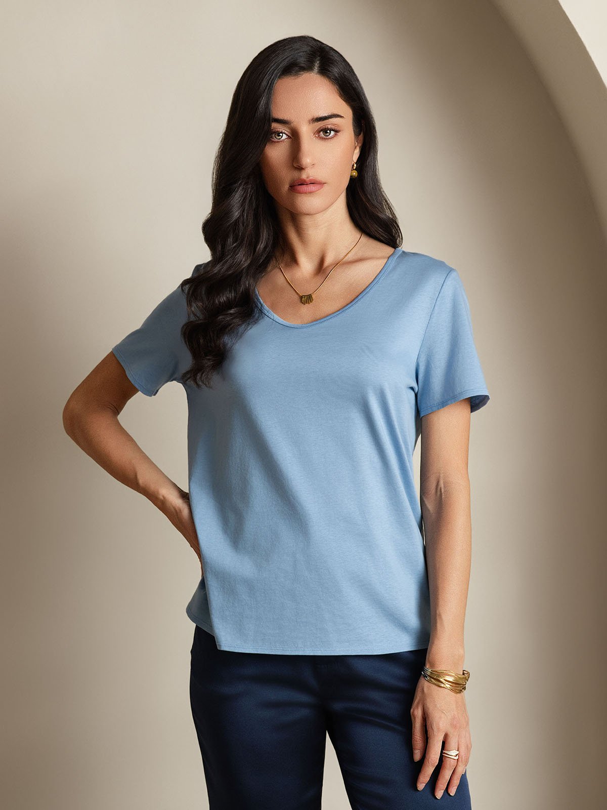 Mélange De Soie T-shirt Femme Col V Mélange De Soie T-shirt Femme Col V
