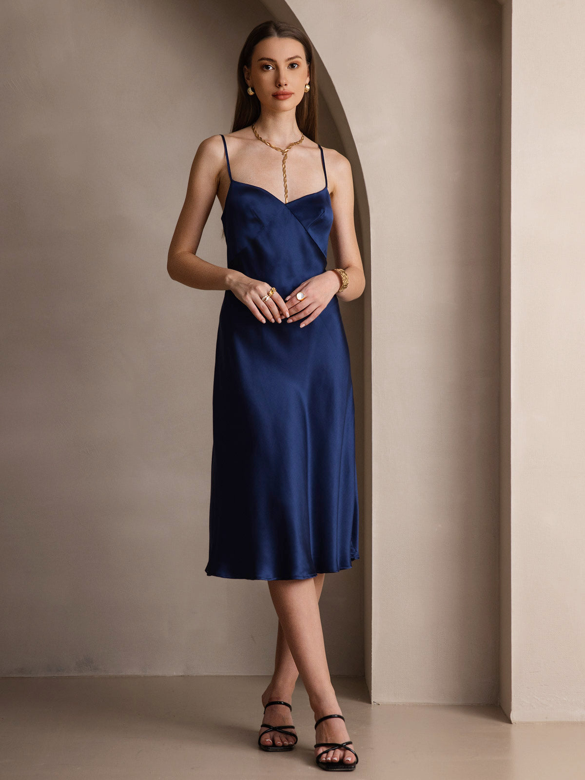 Pure Soie Col V Profond Sans Dos Longue Glisser Robe Pure Soie Col V Profond Sans Dos Longue Glisser Robe