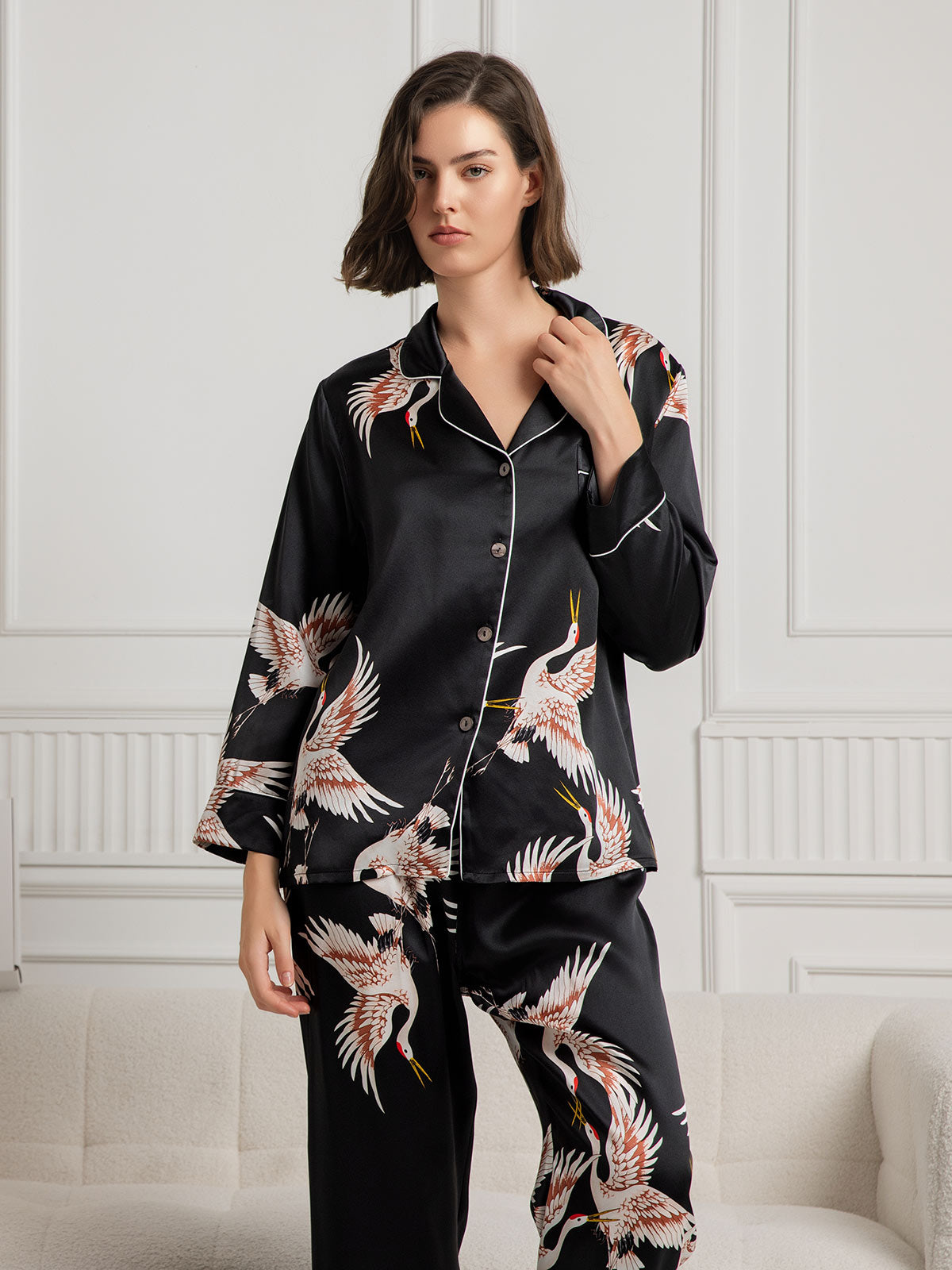 19Momme Ensemble Pyjama Long en Soie avec Imprimé Crane pour Femme 19Momme Ensemble Pyjama Long en Soie avec Imprimé Crane pour Femme