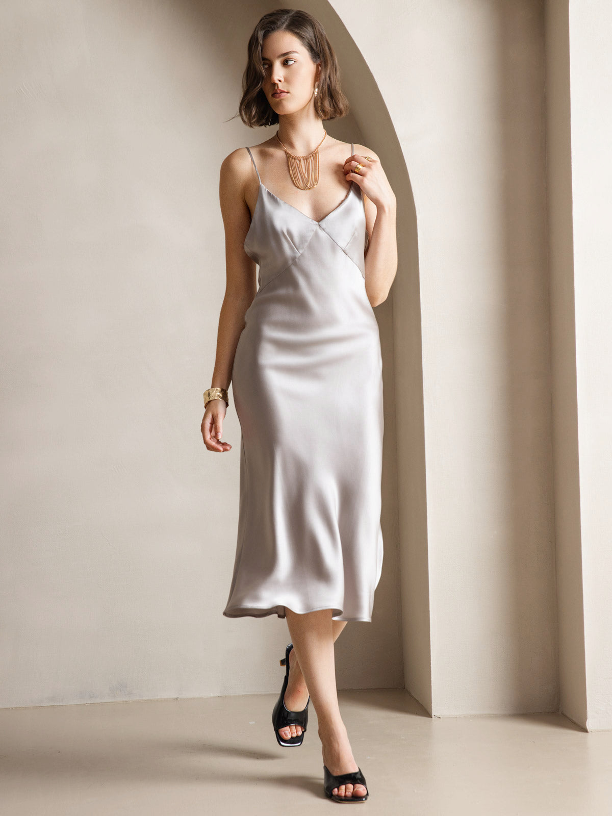 Pure Soie Col V Profond Sans Dos Longue Glisser Robe Pure Soie Col V Profond Sans Dos Longue Glisser Robe