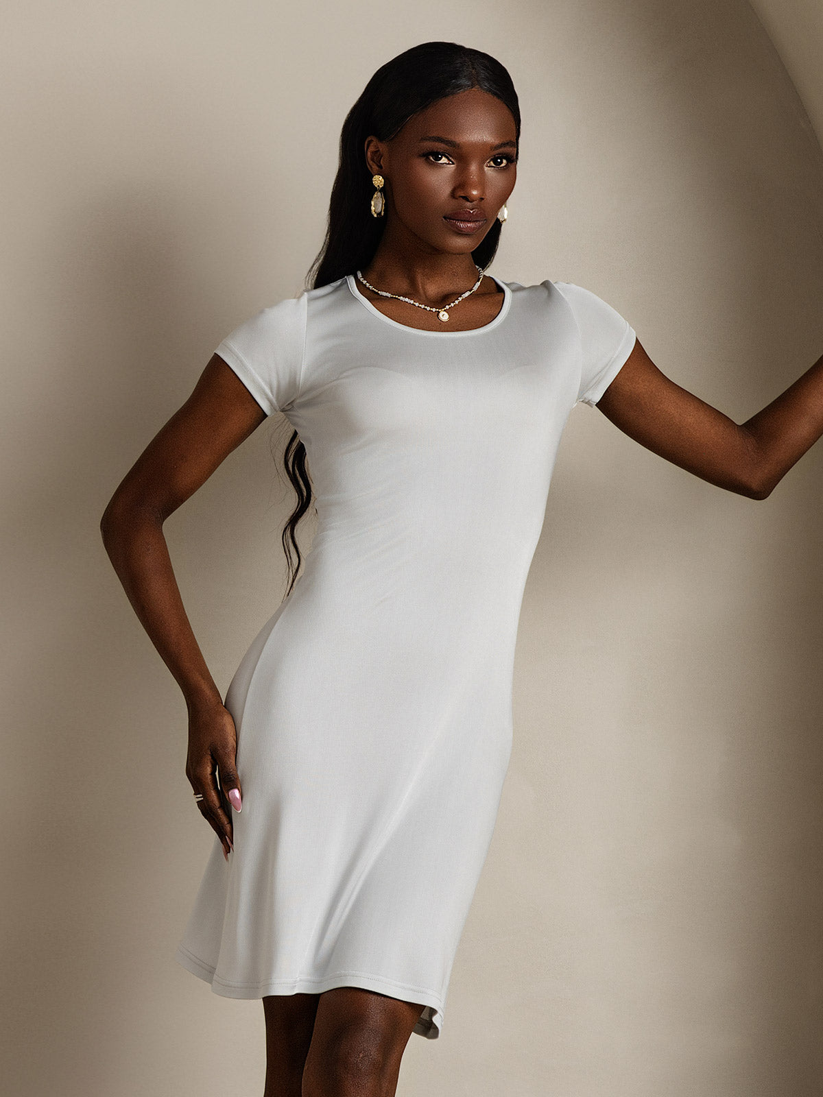 Soie Tricoté Ajusté Col rond Nuit Chemise Soie Tricoté Ajusté Col rond Nuit Chemise