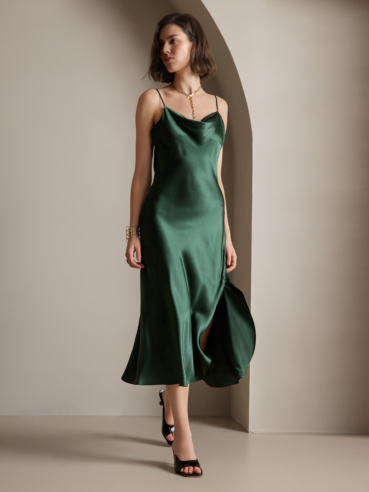Pure Soie Bretelles Spaghetti Fente Longue Robe Pure Soie Bretelles Spaghetti Fente Longue Robe