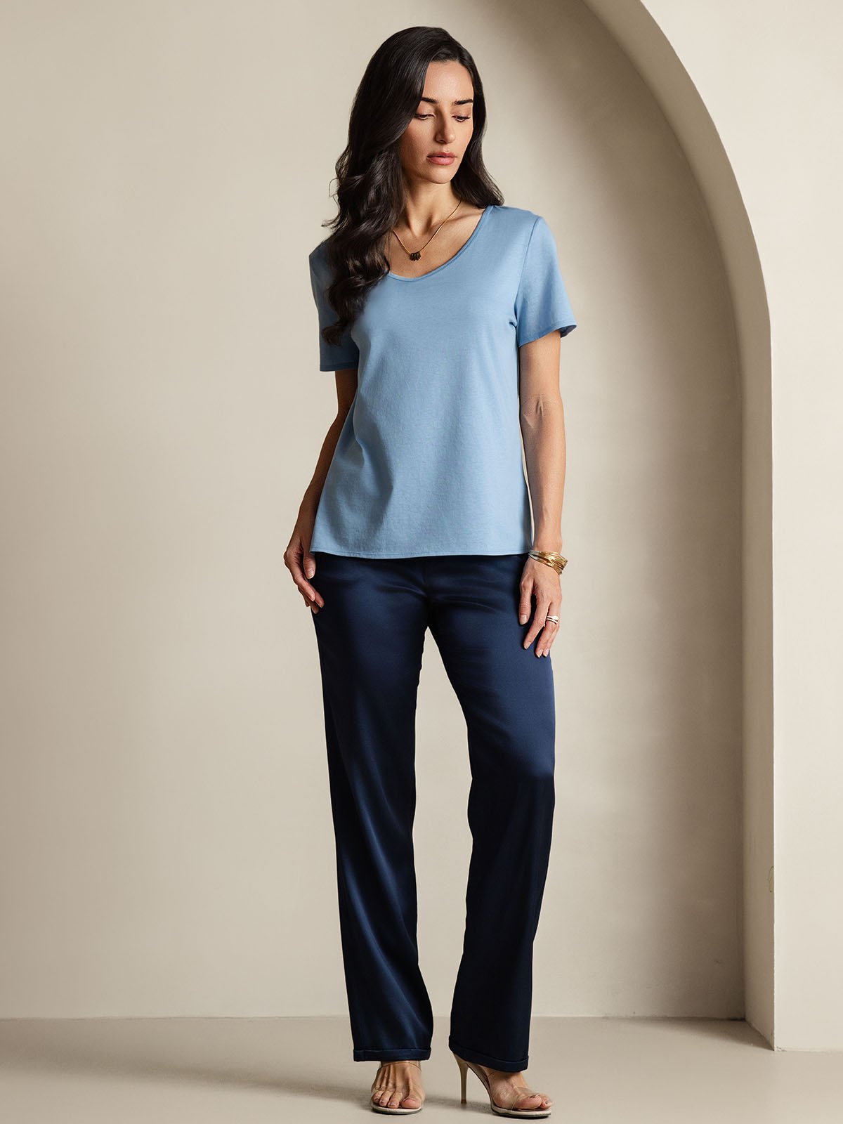 Mélange De Soie T-shirt Femme Col V Mélange De Soie T-shirt Femme Col V