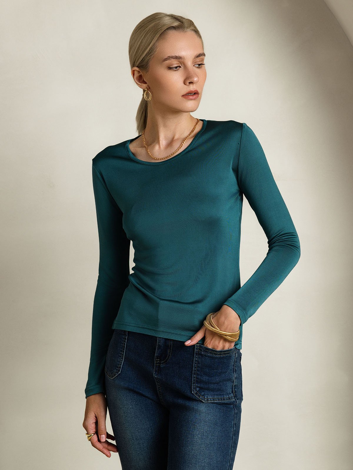 Mélange De Soie Col Rond Manches Longues T-Shirt Mélange De Soie Col Rond Manches Longues T-Shirt