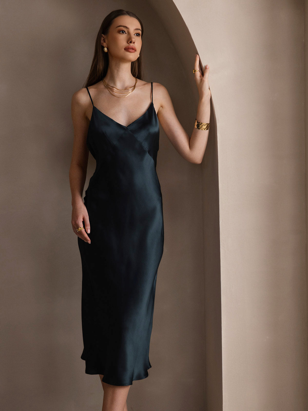Pure Soie Col V Profond Sans Dos Longue Glisser Robe Pure Soie Col V Profond Sans Dos Longue Glisser Robe