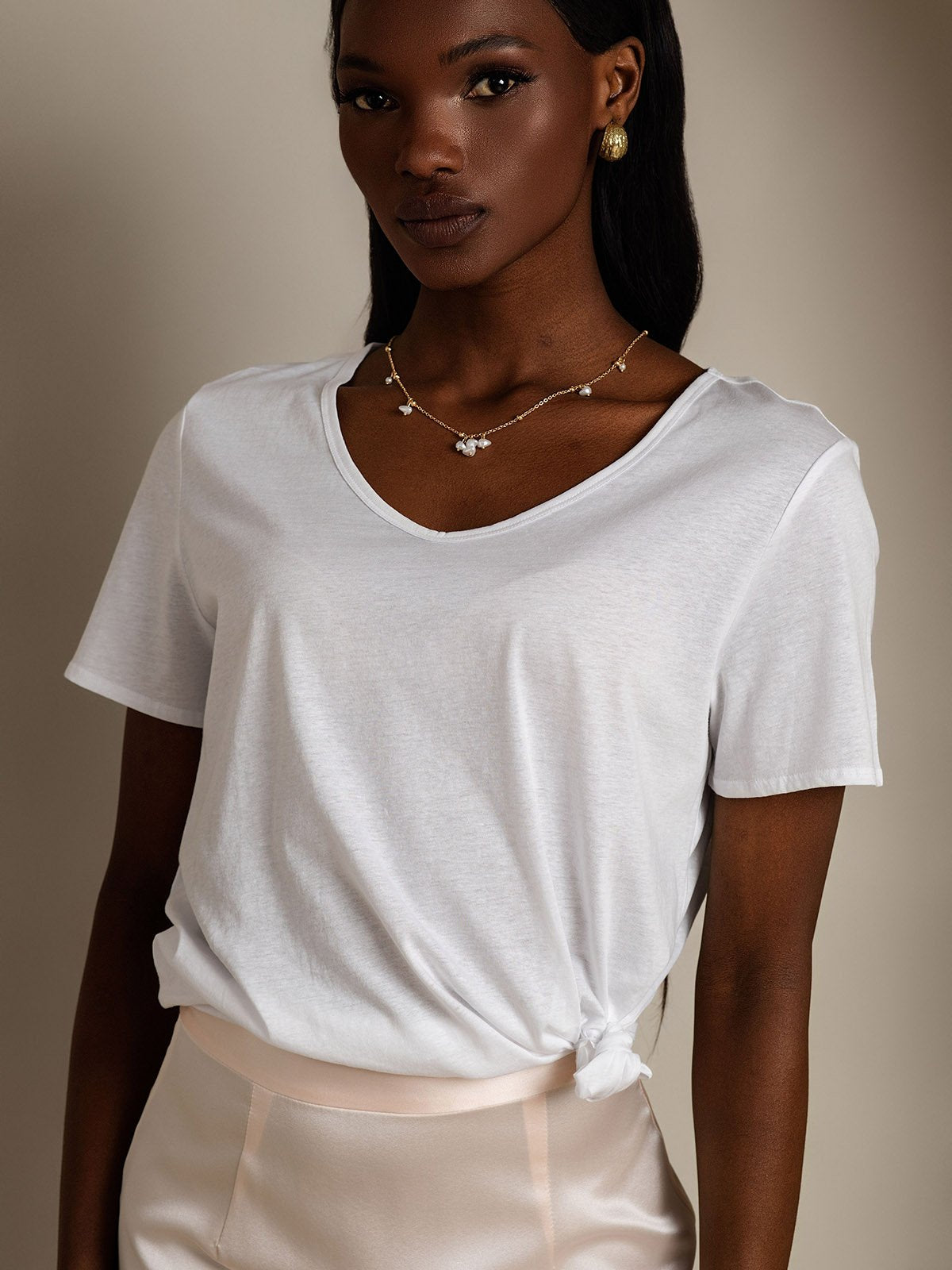 Mélange De Soie T-shirt Femme Col V Mélange De Soie T-shirt Femme Col V