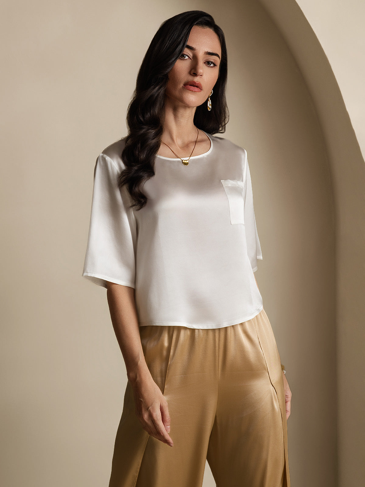 Femme T-Shirt Pure Soie Occasionnel Manches mi-longues Femme T-Shirt Pure Soie Occasionnel Manches mi-longues