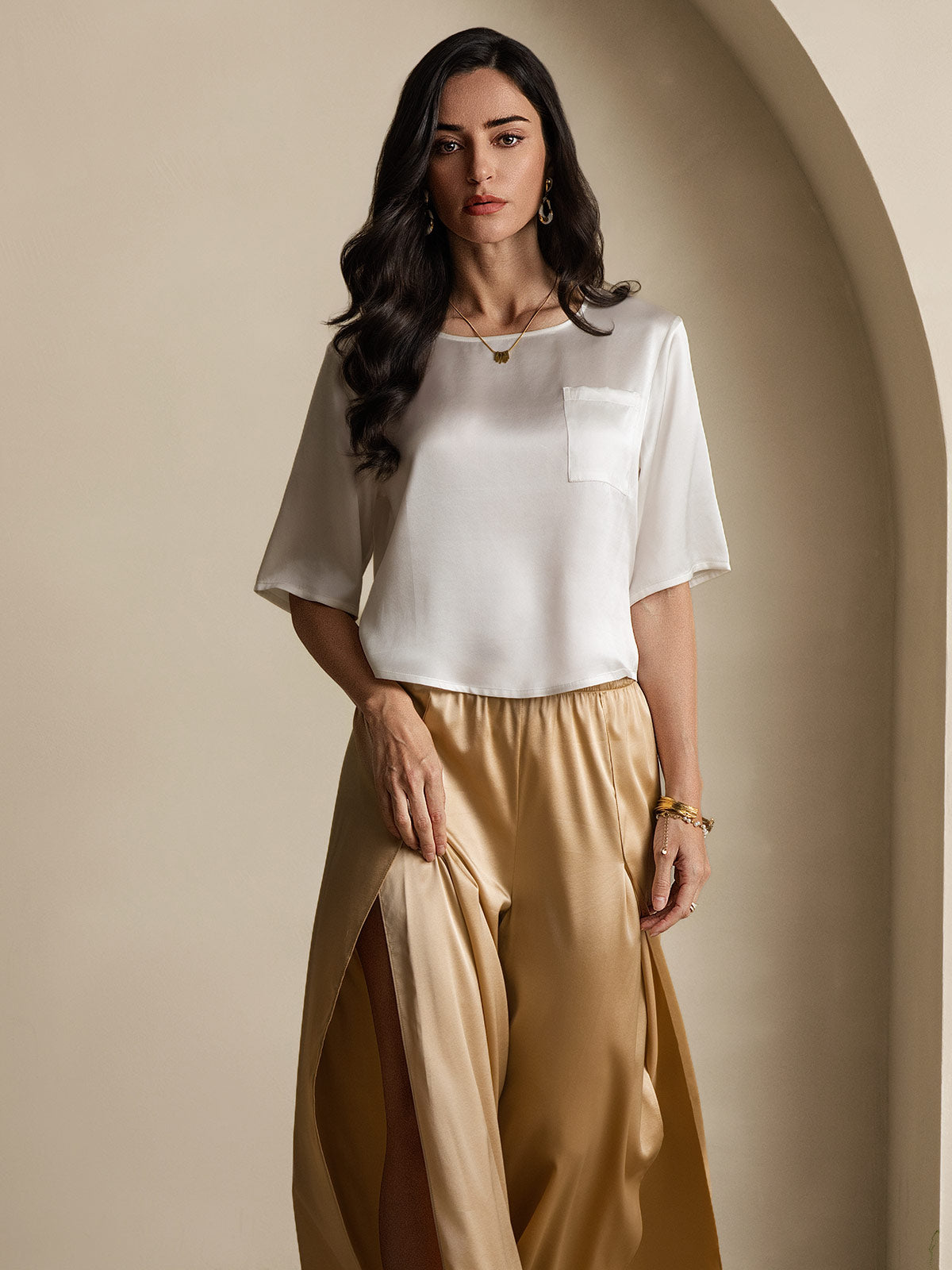 Femme T-Shirt Pure Soie Occasionnel Manches mi-longues Femme T-Shirt Pure Soie Occasionnel Manches mi-longues