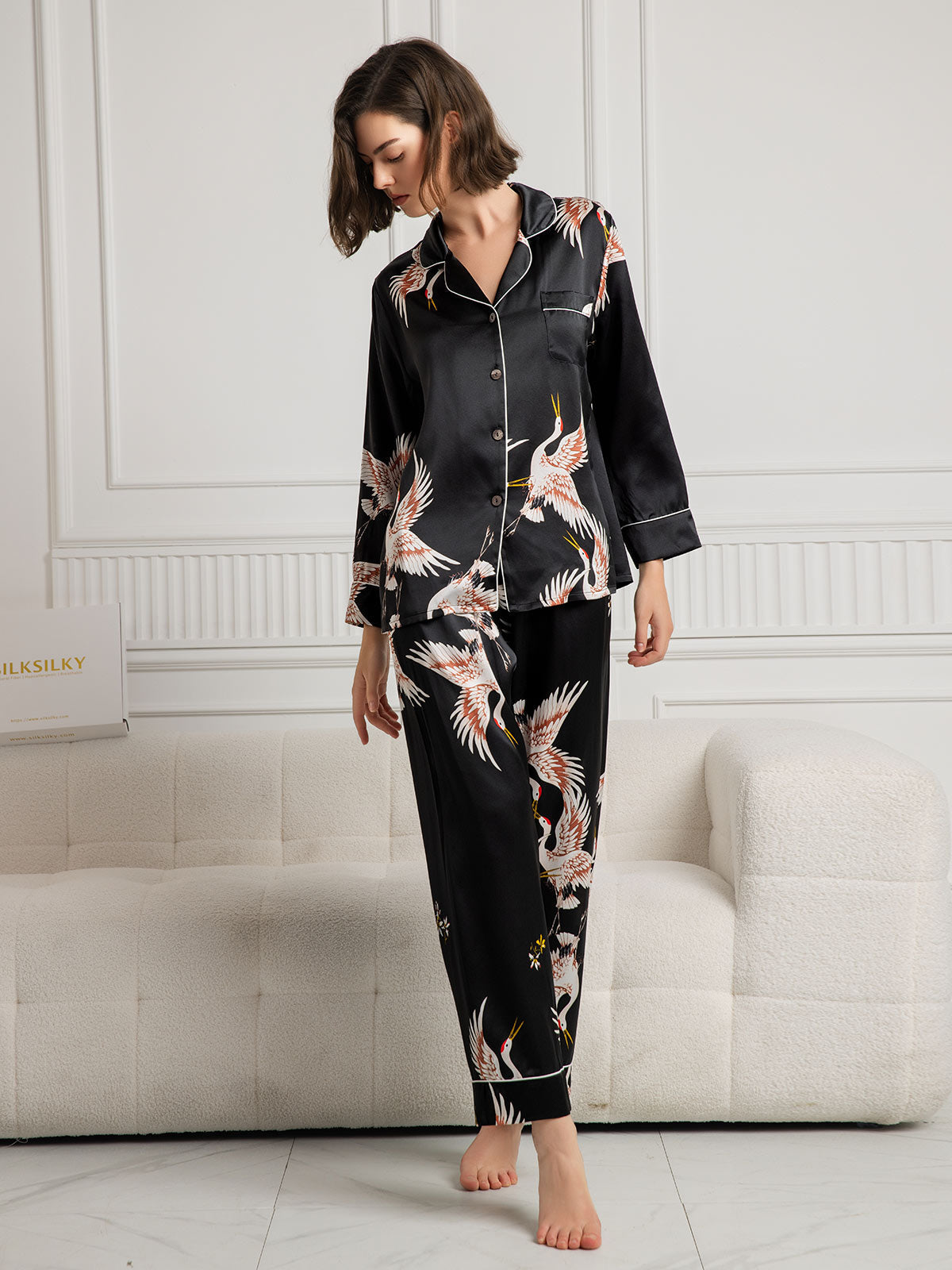 19Momme Ensemble Pyjama Long en Soie avec Imprimé Crane pour Femme 19Momme Ensemble Pyjama Long en Soie avec Imprimé Crane pour Femme