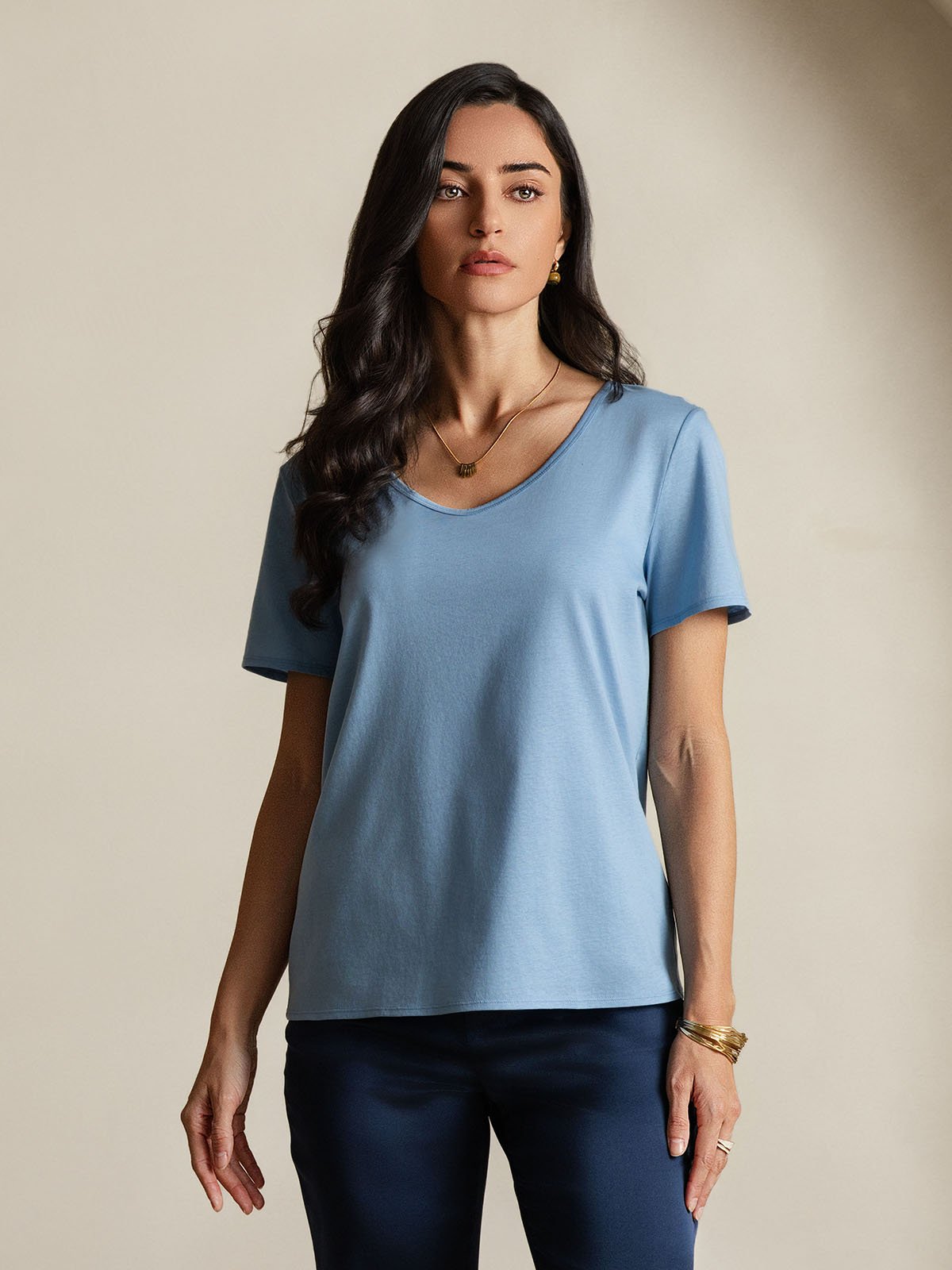 Mélange De Soie T-shirt Femme Col V Mélange De Soie T-shirt Femme Col V