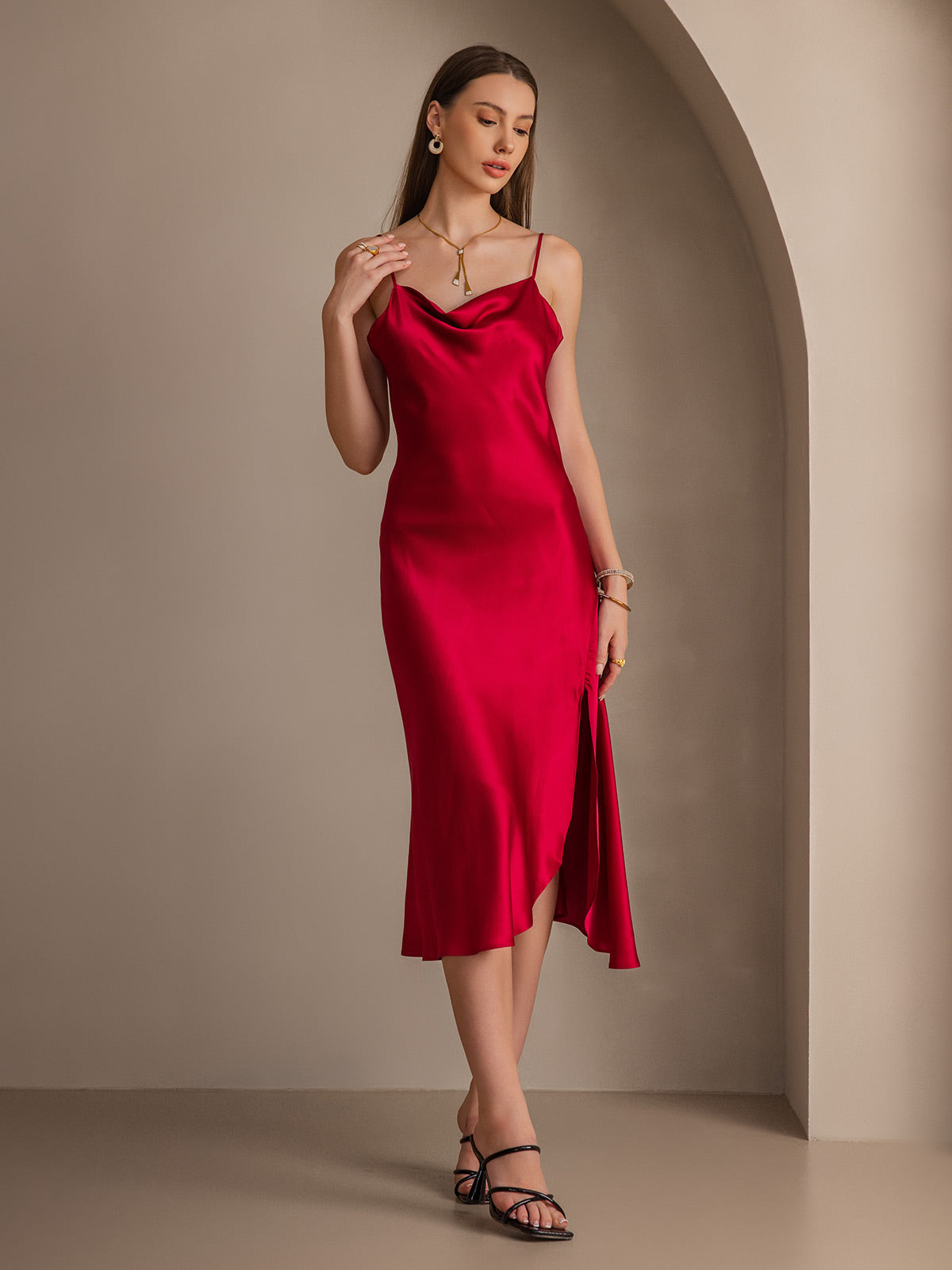 Pure Soie Bretelles Spaghetti Fente Longue Robe Pure Soie Bretelles Spaghetti Fente Longue Robe