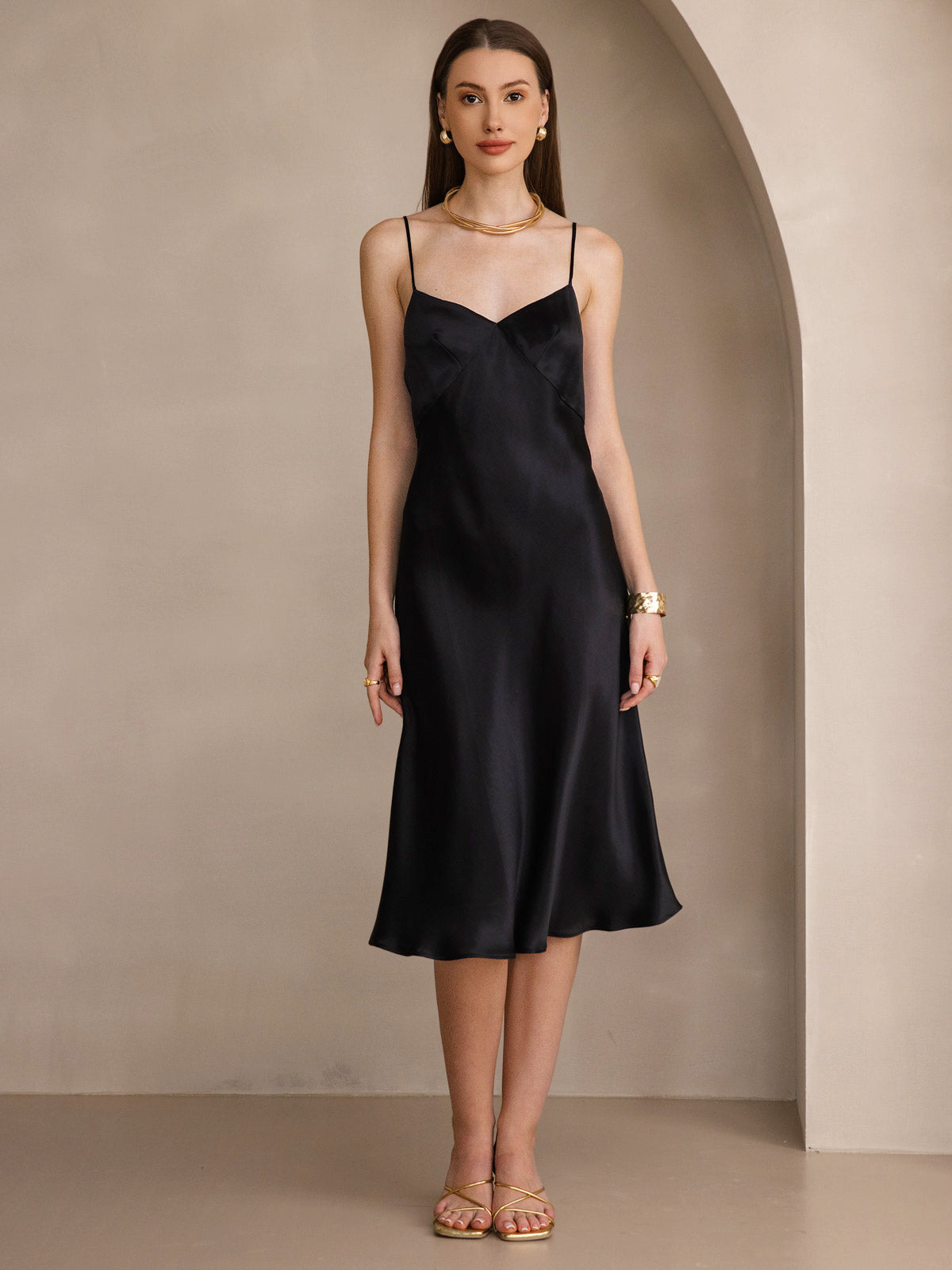 Pure Soie Col V Profond Sans Dos Longue Glisser Robe Pure Soie Col V Profond Sans Dos Longue Glisser Robe