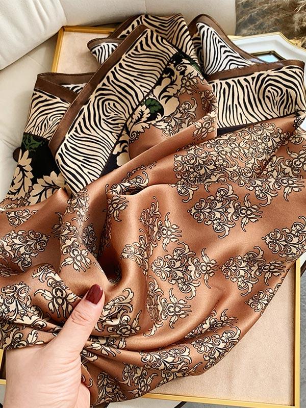 Foulard Carré en Soie Florale Marron 90 Foulard Carré en Soie Florale Marron 90