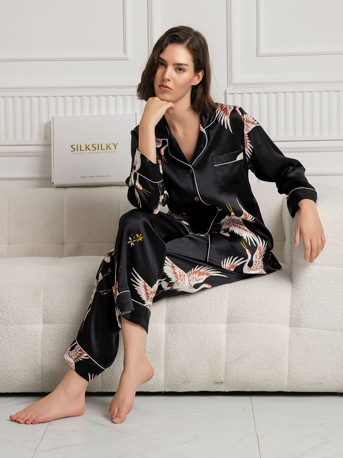 19Momme Ensemble Pyjama Long en Soie avec Imprimé Crane pour Femme