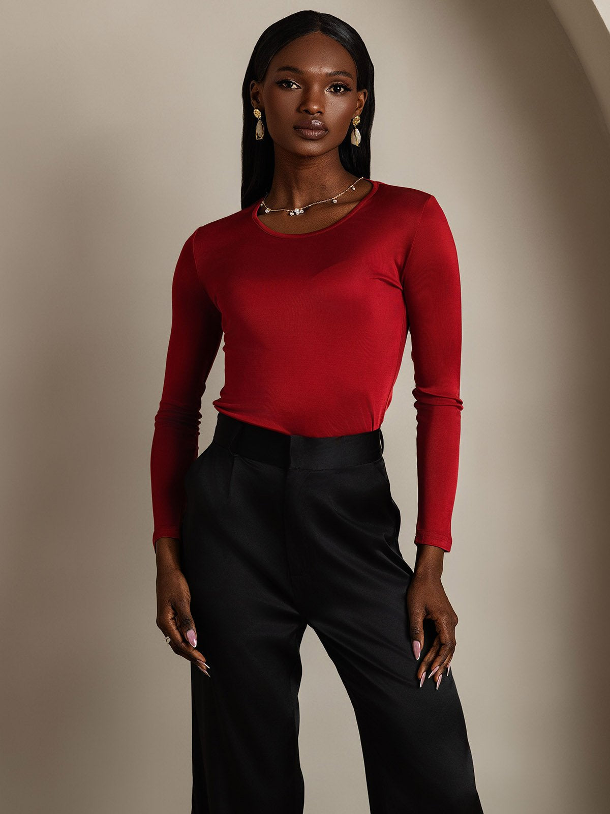 Mélange De Soie Col Rond Manches Longues T-Shirt Mélange De Soie Col Rond Manches Longues T-Shirt