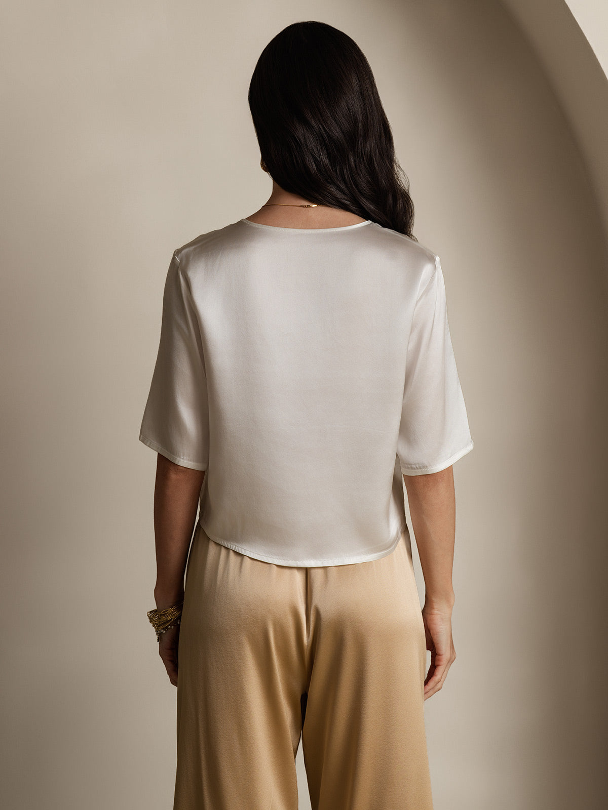 Femme T-Shirt Pure Soie Occasionnel Manches mi-longues Femme T-Shirt Pure Soie Occasionnel Manches mi-longues